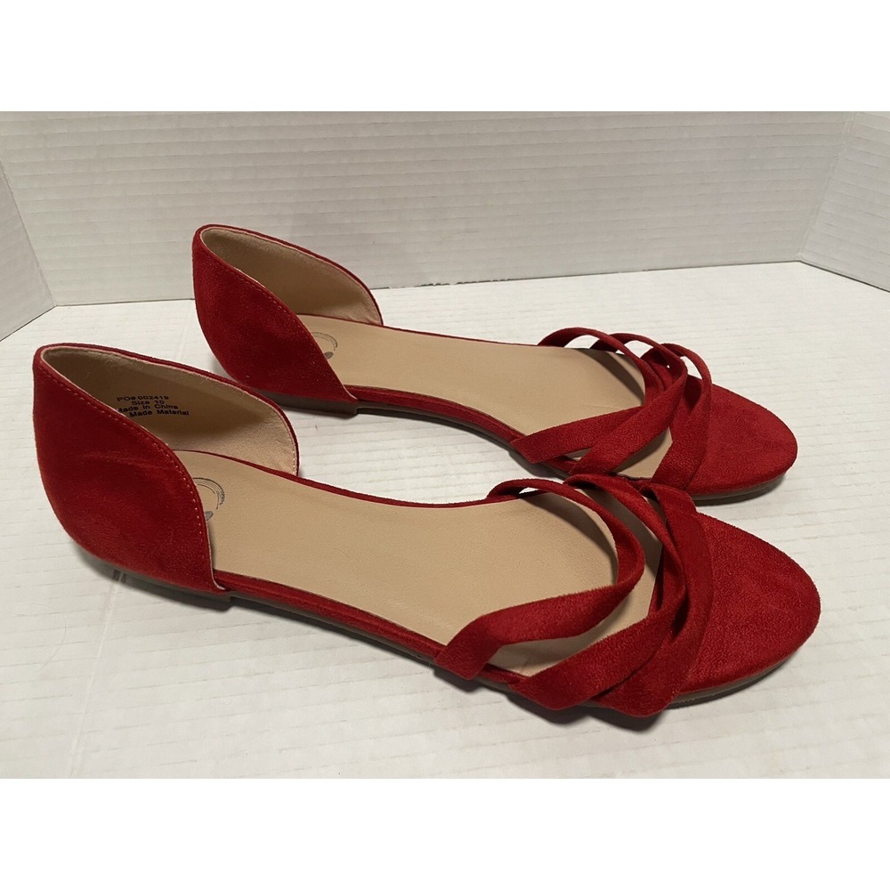 Journee Collection Womens Red Faux Suede Goldie Flats Shoes 10 Strappy Toe.